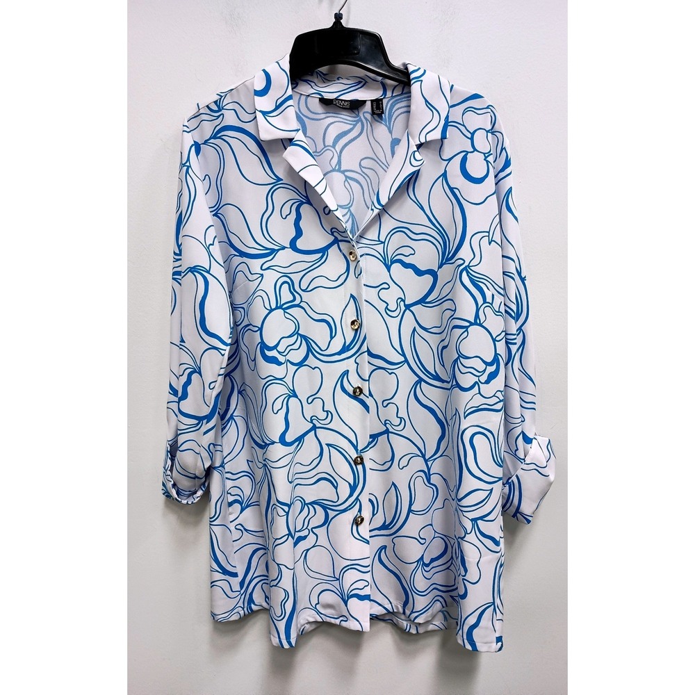 Dennis by Dennis Basso Button Up Shirt Womens Medium Blue White Floral‎ Tunic